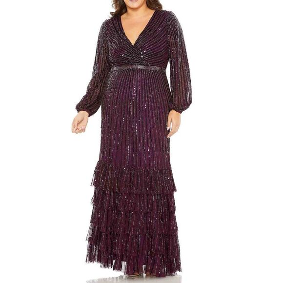 Mac Duggal Size 22W 22 Dark Purple Long Sleeve Sequin V-Neck Evening Dress Gown - Picture 2 of 5